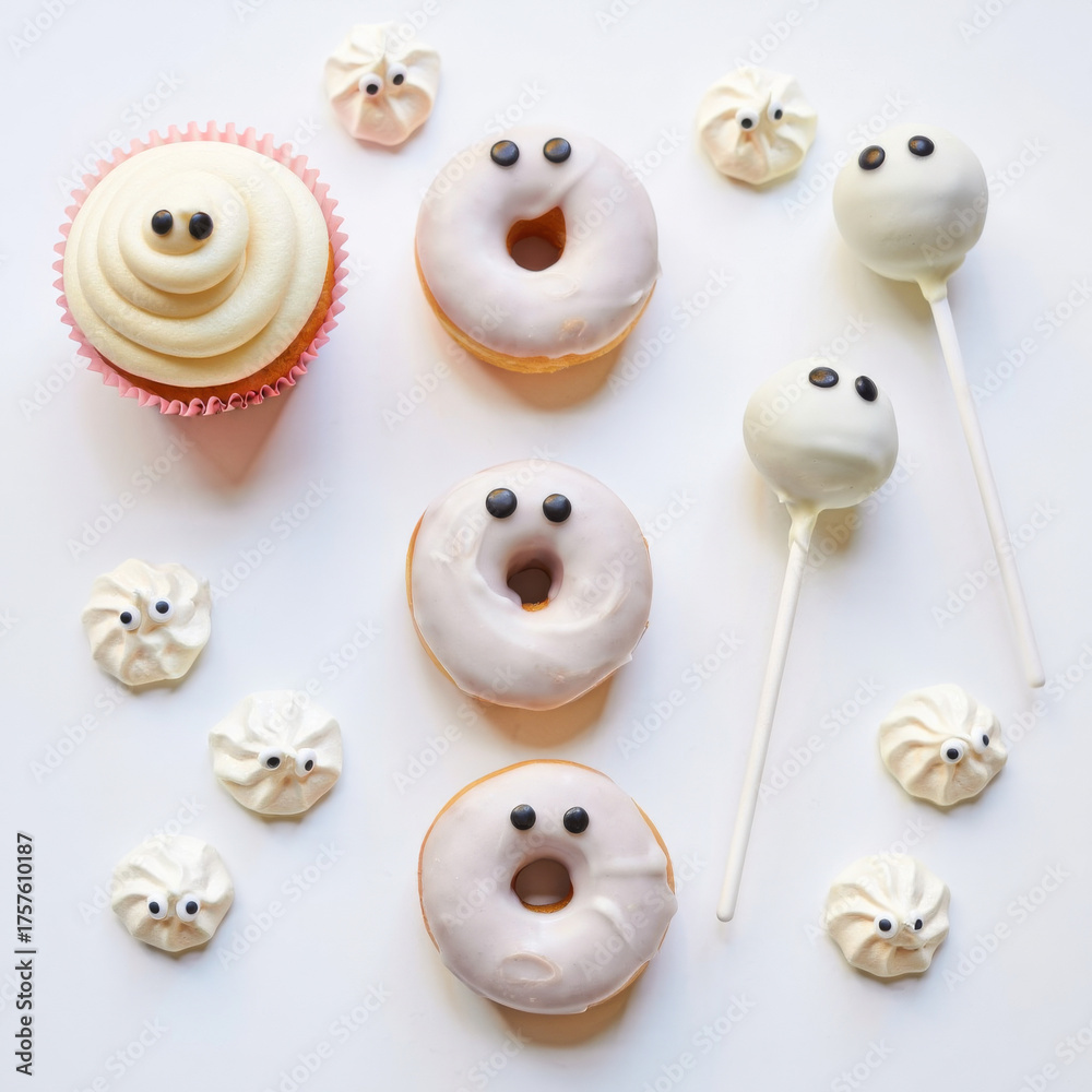 Obraz premium Delightful halloween treats spooky donuts and ghostly cupcakes kitchen food photography whimsical close-up festive desserts