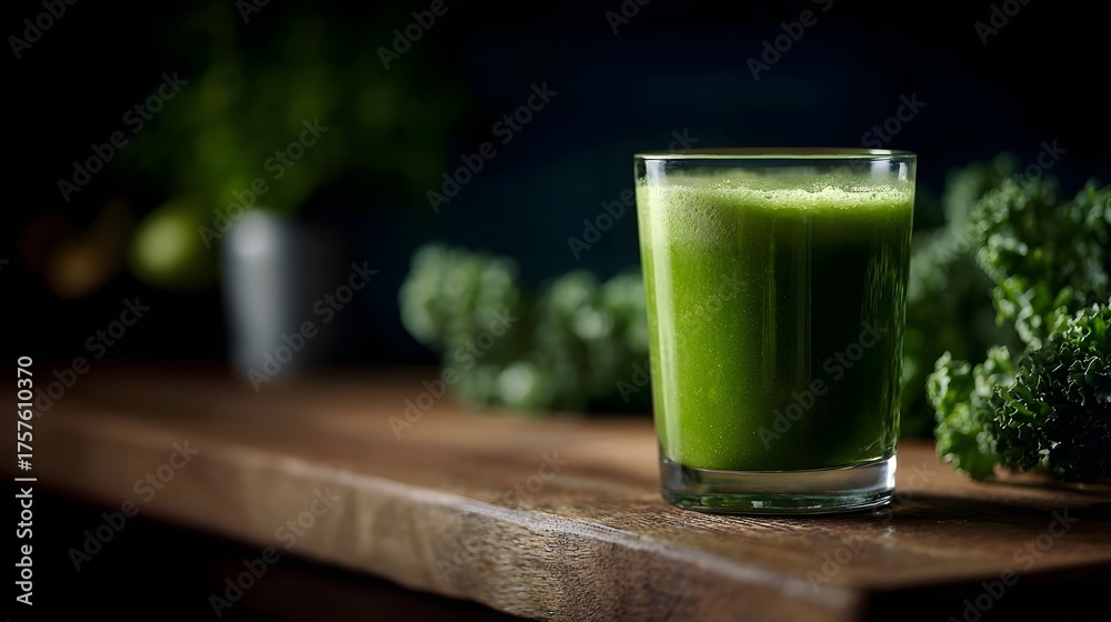 Fototapeta premium A vibrant green kale juice in a glass set against a dark moody background on a rustic wooden surface