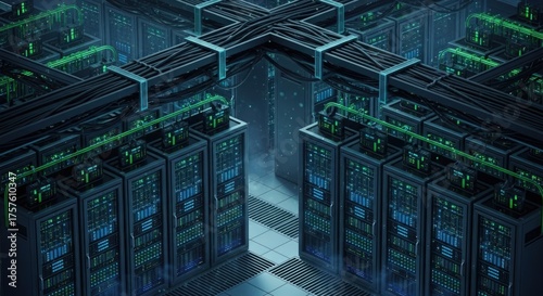Futuristic Server Room with Glowing Green Lights and Cables.