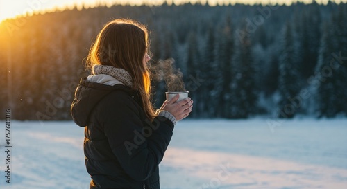 Young woman holding steaming cup while standing in snowy forest  