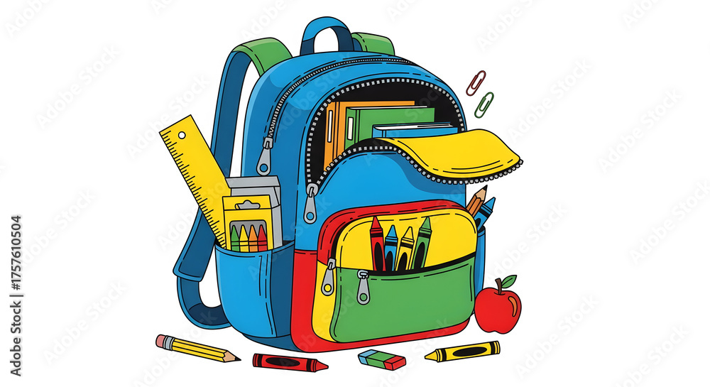 Fototapeta premium Open Blue Backpack Filled With School Supplies education
