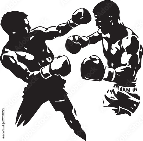 Two boxers in action mid-match, black and white vector capturing intensity, motion, and competitive spirit of the sport