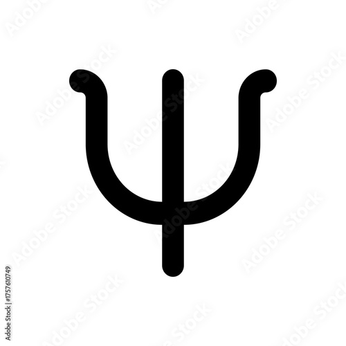 Illustration of a psi symbol in black color with curved arms and a vertical line on a white background