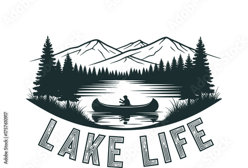 Vintage Canoeist on Lake with Mountain and Forest Landscape 'LAKE LIFE' GraphicVintage Canoeist on Lake with Mountain and Forest Landscape 'LAKE LIFE' Graphic