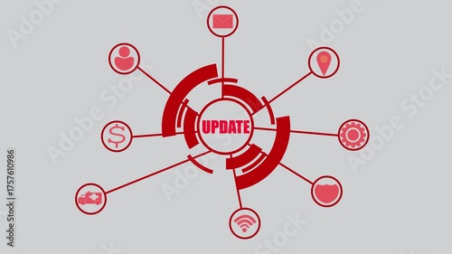 Update concept with red network connections and abstract circular diagram on grey background software
