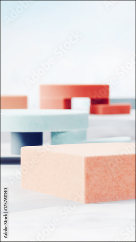 Geometric composition of colorful rectangular blocks on bright background, concept of modern architecture, balance and minimal design.