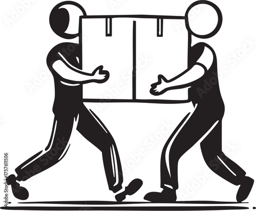 Two stylized figures lifting a box together, black and white vector symbolizing teamwork, cooperation, and shared labor