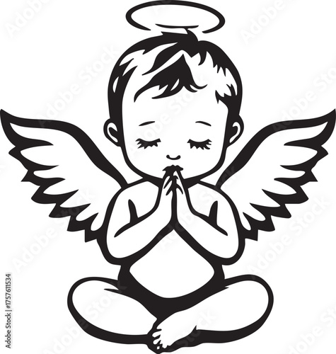 Cherubic baby angel in prayer pose with halo and wings, serene black and white vector for spirituality and innocence themes