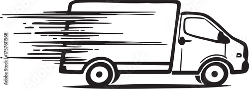 Black and white delivery van with speed lines, minimal vector for express shipping, logistics, and fast transportation themes