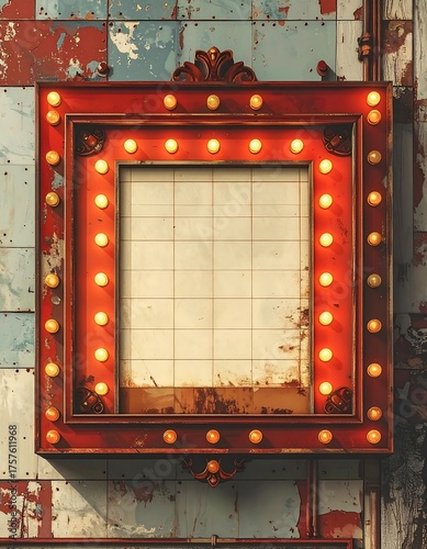 A vintage, ornate red frame, illuminated by small, glowing bulbs