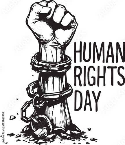 Raised fist breaking chains for Human Rights Day, bold black vector symbolizing liberation, justice, and social resistance
