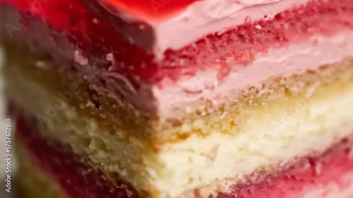 Colorful layered cake with pink, red, and yellow layers, set against a neutral background, showcasing dessert