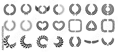 laurel wreath icon set with circle, heart and square shapes, black vector illustrations for victory, award and heraldry