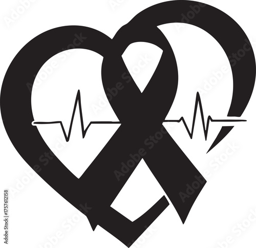 Black ribbon with heart and heartbeat line, symbolic vector for cardiovascular health awareness, support, and remembrance