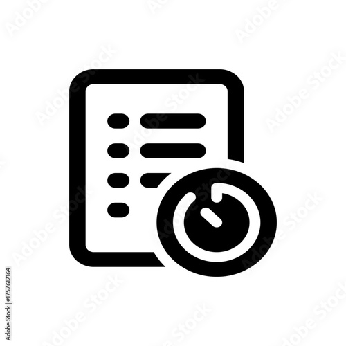 Black and white icon showing a clipboard with list items and a clock indicating time management tasks