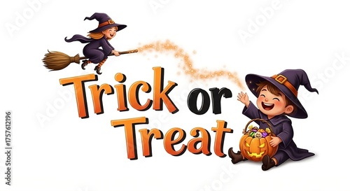 Aesthetic Trick or Treat Lettering with Cute Witch and Child in Halloween Fantasy Scene on White Background