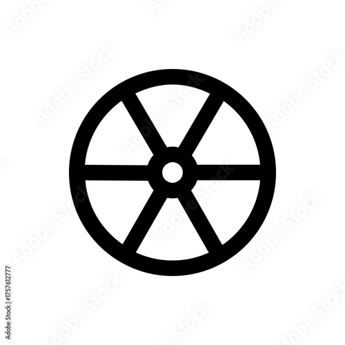 Illustration of a simple black wheel design with six spokes emanating from a central circle on white background