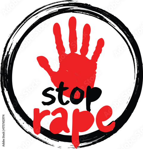 Red handprint with stop rape message inside black brush circle, bold protest symbol for awareness and anti-violence campaigns