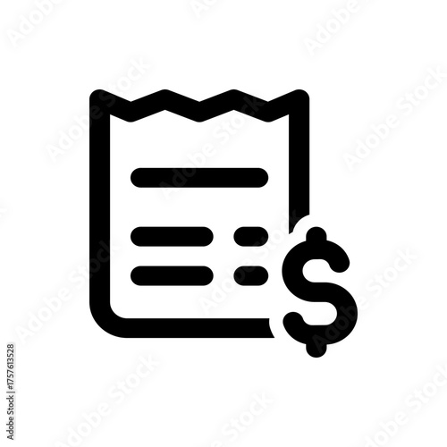Illustration of a receipt with wavy top edge and horizontal lines next to a dollar sign icon symbol
