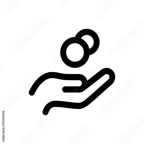 Outline illustration of a hand holding or receiving two coins in a simple black and white design style