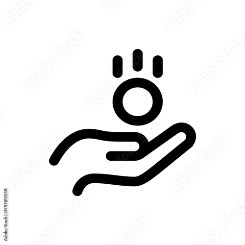 Hand receiving a coin with three smaller circles above it in a simple black and white line drawing style