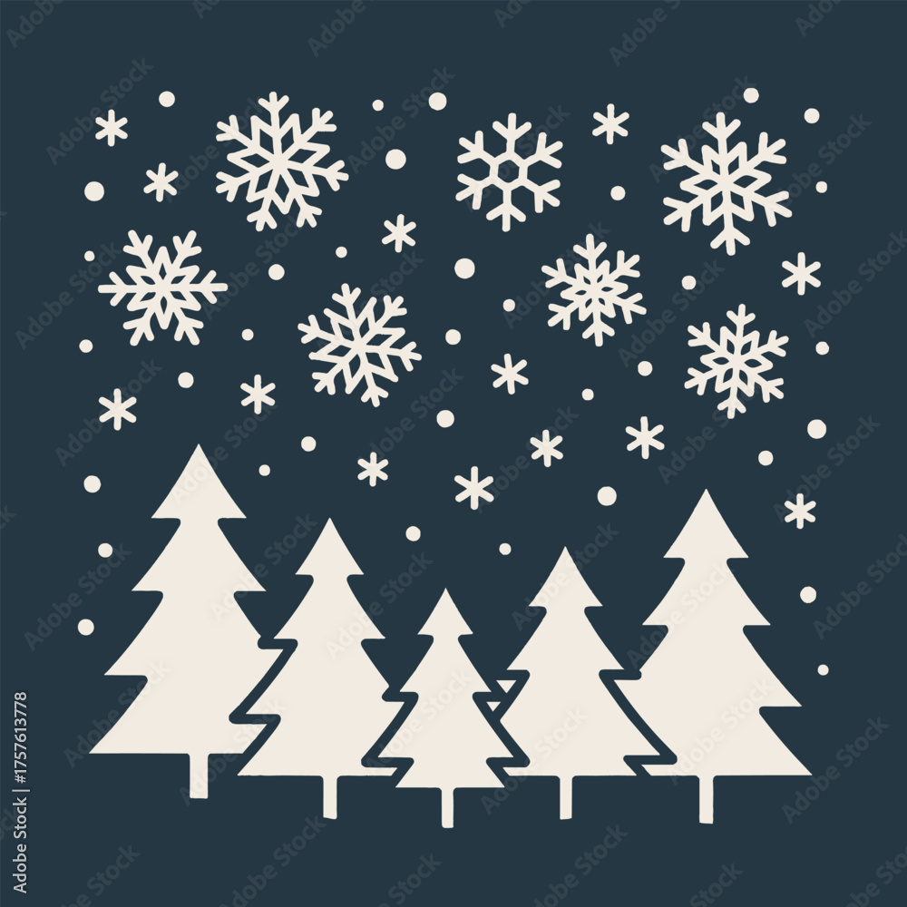 Obraz premium falling snowflakes background of Christmas trees color icon banner vector illustration