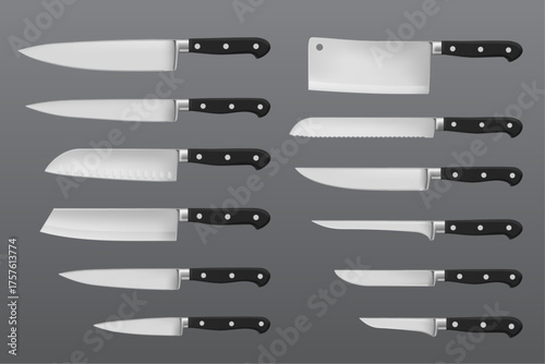 Selection of Kitchen Knives with Different Blades and Black Handles