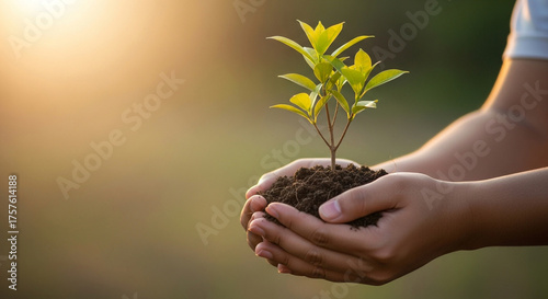 Hands holding a small green plant with soil and sunlight