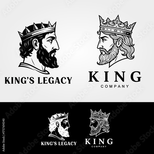 Vintage king head logo set with royal crown illustration.