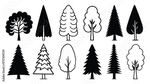 Set of Tree Elevation Outline Symbols. CAD Style Minimal Line Drawing of Trees for Architecture and Landscape Design Elevation Plans