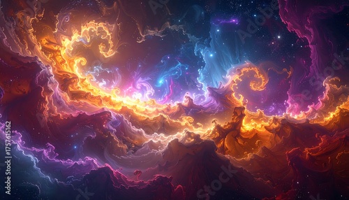 Fototapeta Naklejka Na Ścianę i Meble -  Vibrant nebulous clouds swirl with bright oranges, pinks, and purples amidst twinkling stars in a cosmic scene