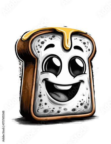 Cute cartoon slice of toast with dripping honey, cheerful face, breakfast food illustration for kids, branding, and packaging design. isolated on transparent background