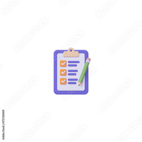 3D Checklist Clipboard with Pencil Icon Isolated on White Background
