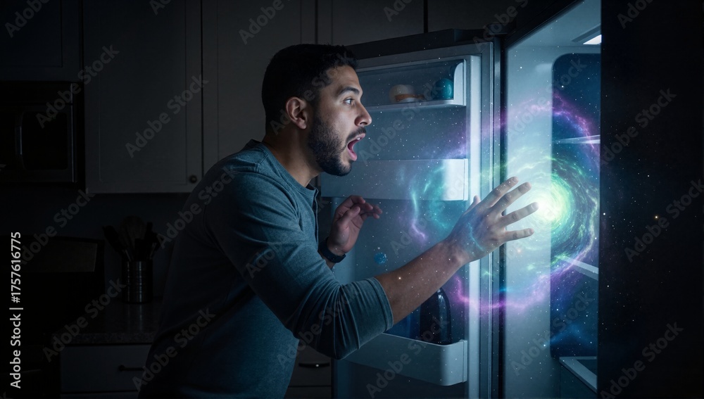Fototapeta premium A shocked man discovers a galaxy inside his refrigerator at night. Surreal fantasy concept of a cosmic portal in a domestic kitchen