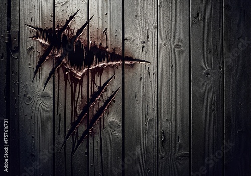 Violent monster attack with bloody claw marks scratching a dark wooden wall. Scary horror background with copy space