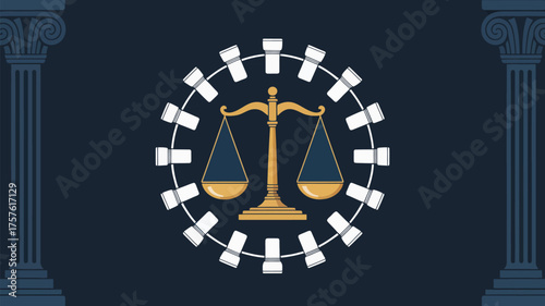 Illustration of scales of justice surrounded by gears and columns on a dark blue background
