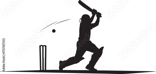 Black silhouette of a cricket batsman hitting a ball near wickets sport game