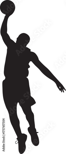 Black silhouette of a basketball player mid-air dunking a basketball jumping action