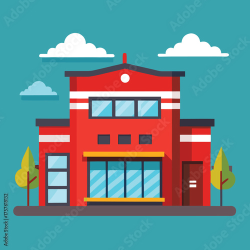 Modern fire station building architectural design with emergency services elements