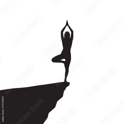 Silhouette of a person doing yoga on cliff edge, wellness and mindfulness theme, isolated on white background.