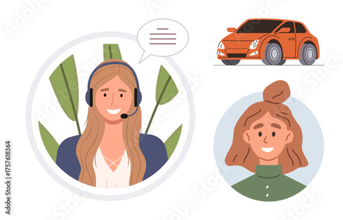 Woman wearing a headset with speech bubble, smiling customer, and orange car. Ideal for topics thumbs up customer support, automotive services, communication, online assistance, client service