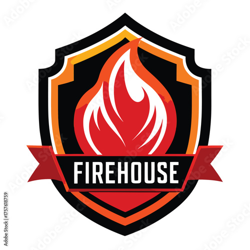 Dynamic firehouse logo design featuring a stylized flame and shield emblem