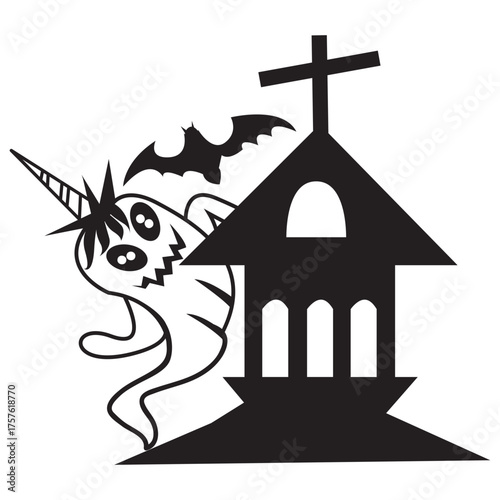 Spooky unicorn ghost with bat flying near haunted house