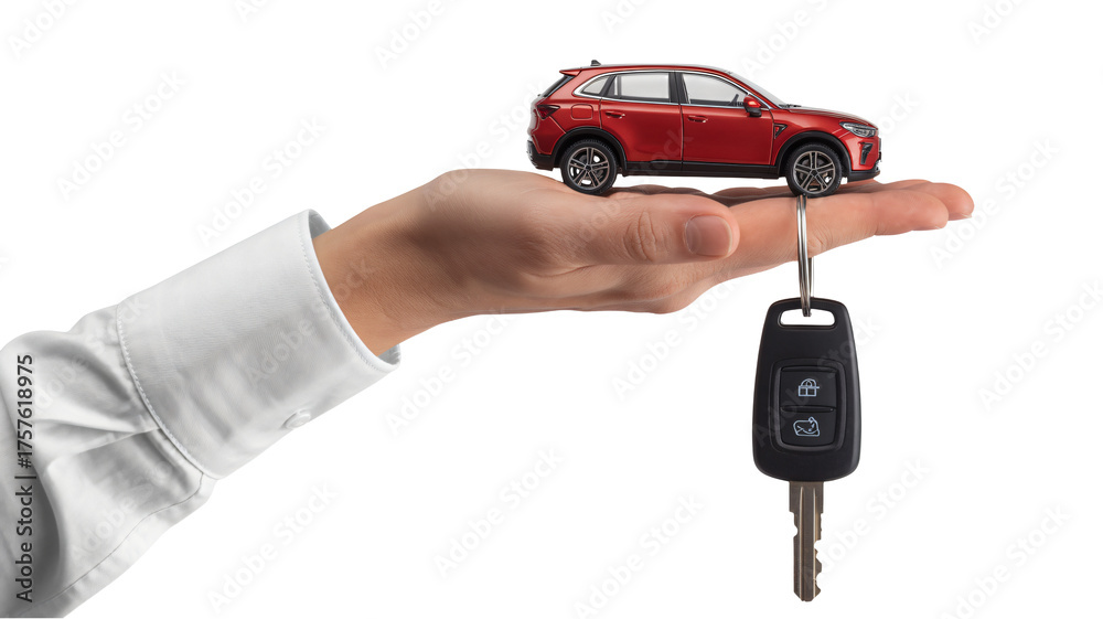 Own the Road Red Car Model and Keys in Hand ready to drive, offering freedom and adventure, perfect for automotive marketing and dealership promotions