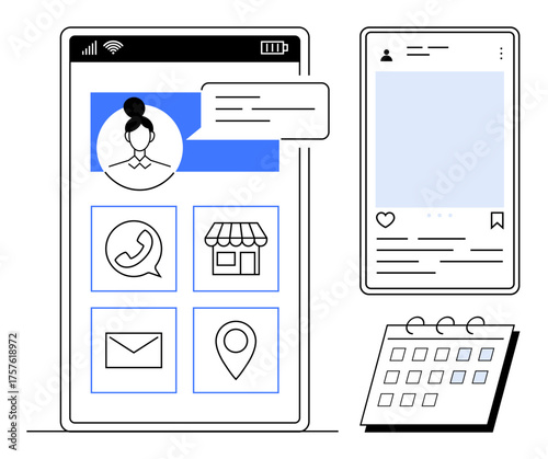 Smartphone screen with apps for contact, store, email, location, social media post, and calendar. Ideal for technology, social connection, communication e-commerce schedule management interface