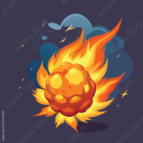 Fiery explosion with swirling smoke and a bright radiant glow depicted as a dynamic vector illustration