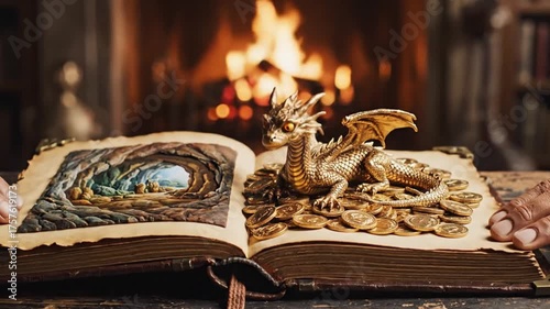 Men flipping through ancient book, discovering dragon on gold coins, cozy fireplace background, fantasy concept