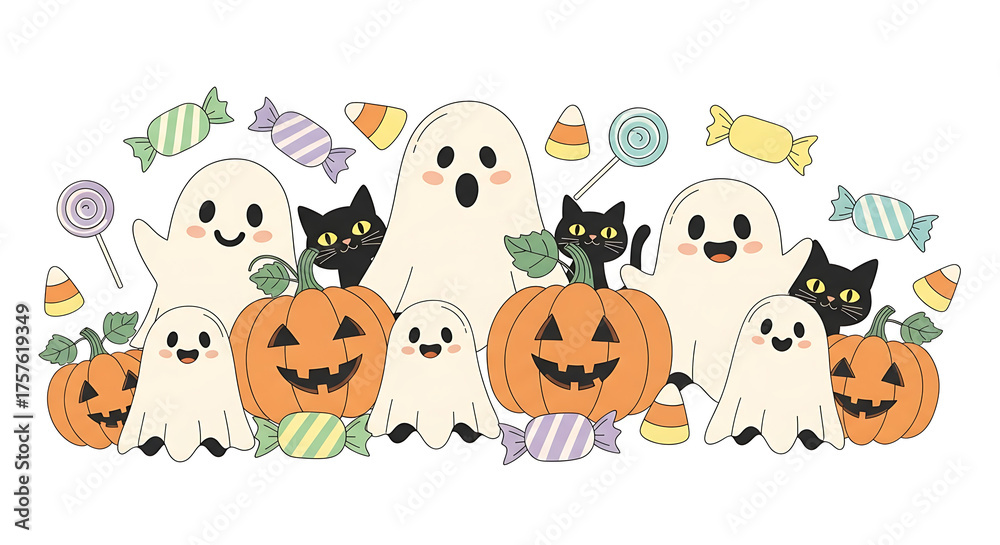 Fototapeta premium A charming Halloween illustration concept showcasing a joyful gathering of cute ghosts, black cats, and jack-o'-lanterns with festive candy