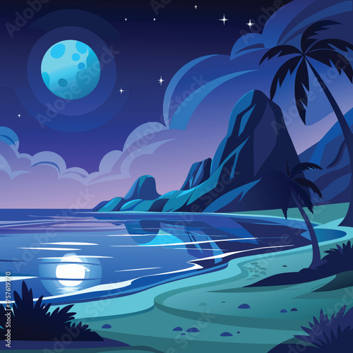 Serene night beach scene with glowing moonlight reflecting on calm ocean waters and sandy shore