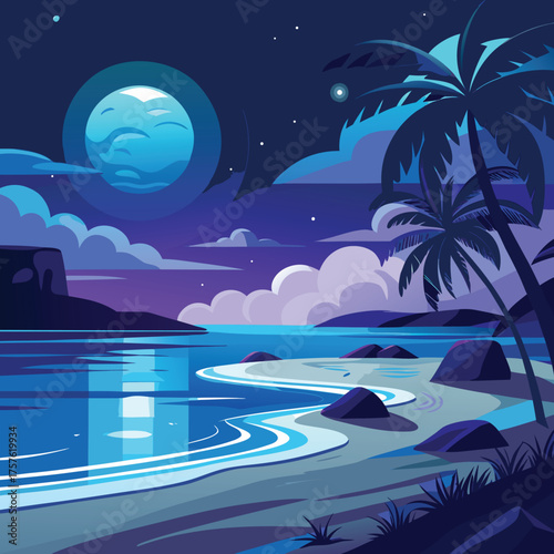Serene night beach scene with glowing moonlight reflecting on calm ocean waves and sandy shore